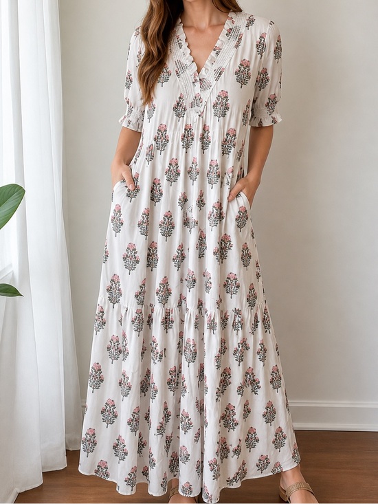 crown & ivy Dresses & Skirts - Crown & Ivy White Floral V-Neck Maxi Dress with Pockets